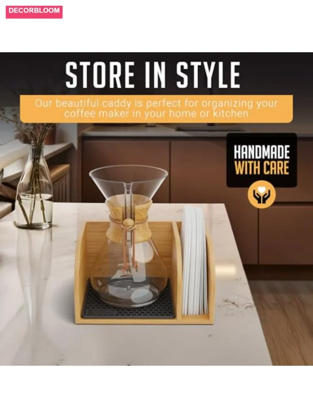 Bamboo Pour Over Coffee Caddy with Filter Holder, Compact Organizer for Chemex